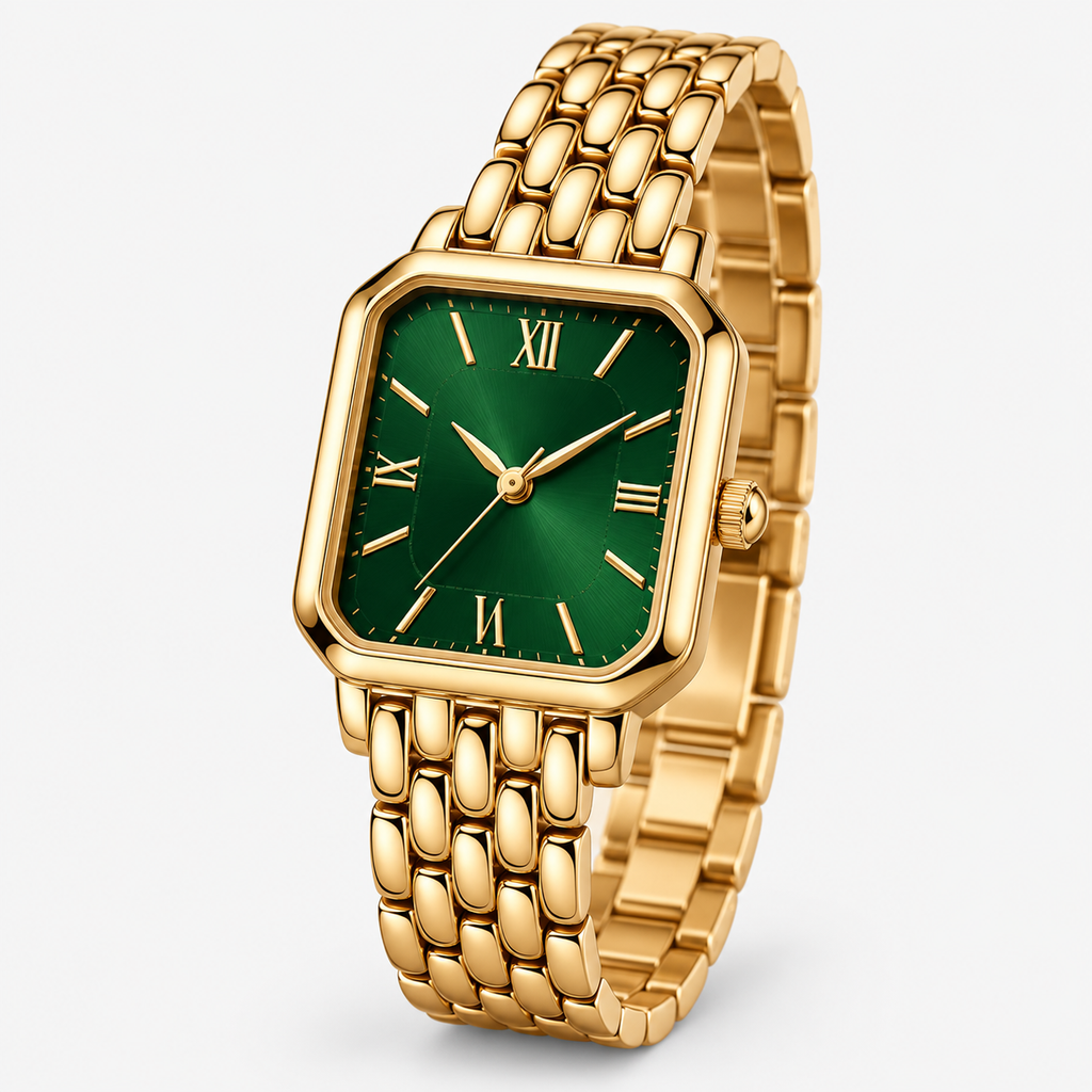 Gold-tone square watch with green sunburst dial and Roman numeral markers, polished gold-tone panther bracelet — alternate angle view