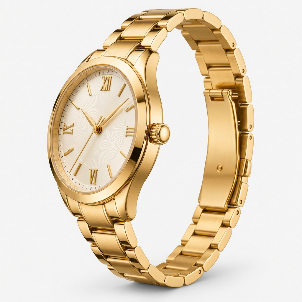 Women's gold-tone wristwatch with ivory dial, side 45-degree view