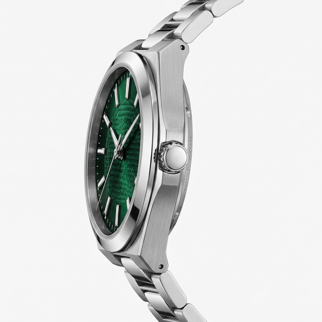 Women's emerald green dial stainless steel watch - side 45 degree view