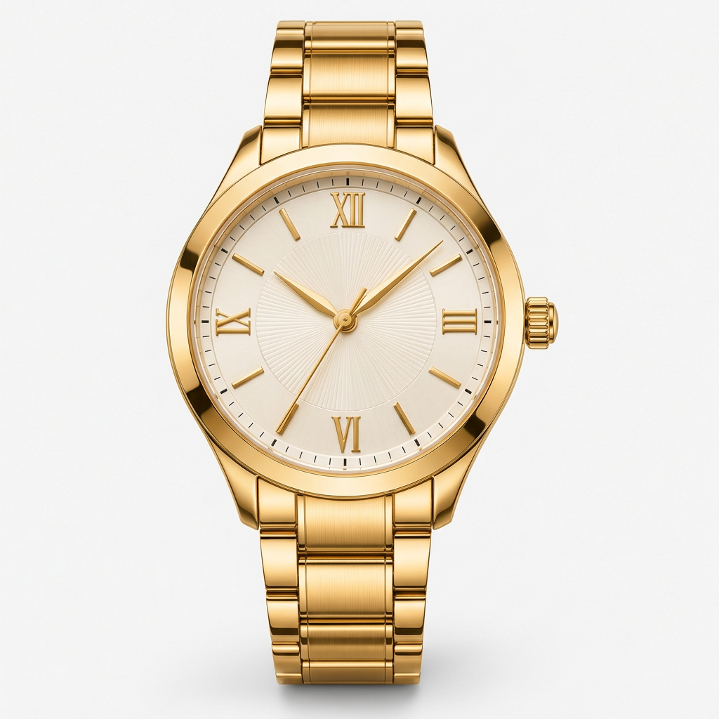 Women's gold-tone wristwatch with ivory dial, straight front view