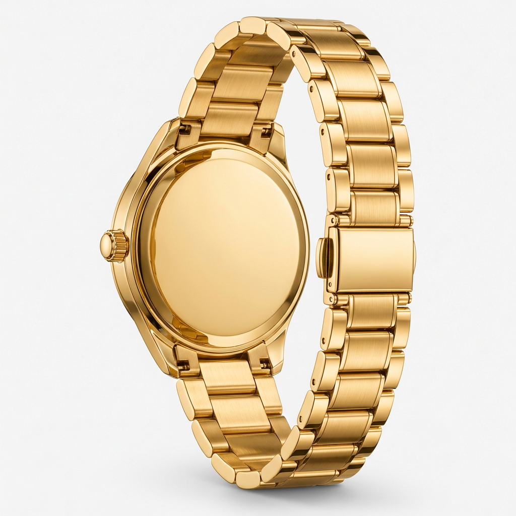 Women's gold-tone wristwatch, rear three-quarter view showing case back and clasp