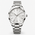 Straight front view of minimalist silver stainless steel watch