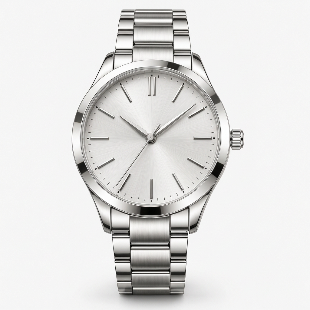 Straight front view of minimalist silver stainless steel watch