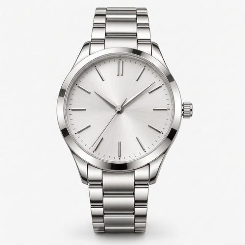 Straight front view of minimalist silver stainless steel watch