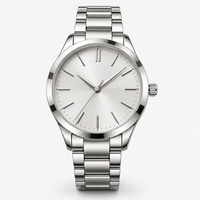Straight front view of minimalist silver stainless steel watch