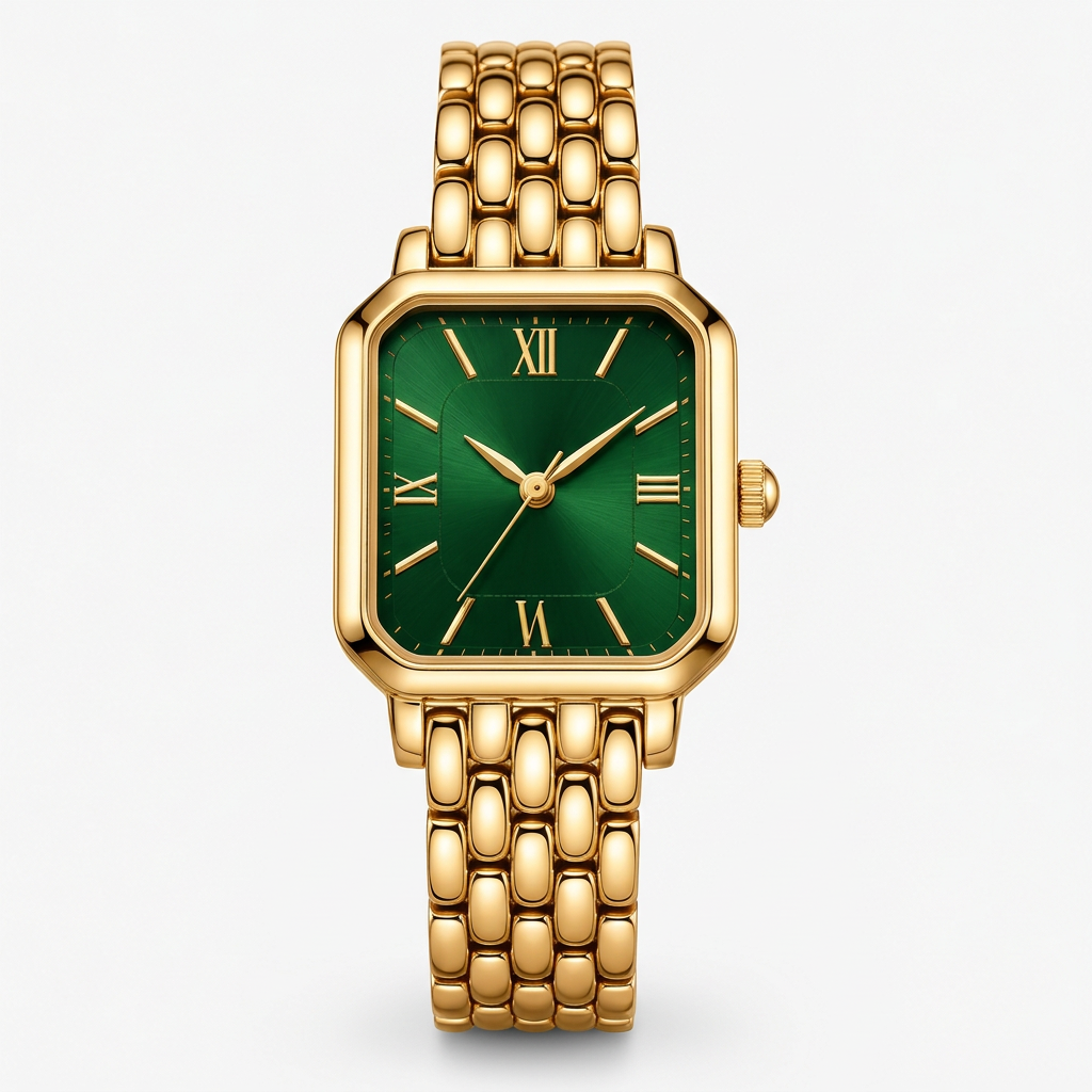 Women's gold-tone square watch with green sunburst dial - straight front view