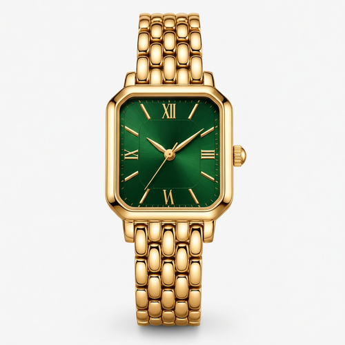 Women's gold-tone square watch with green sunburst dial - straight front view