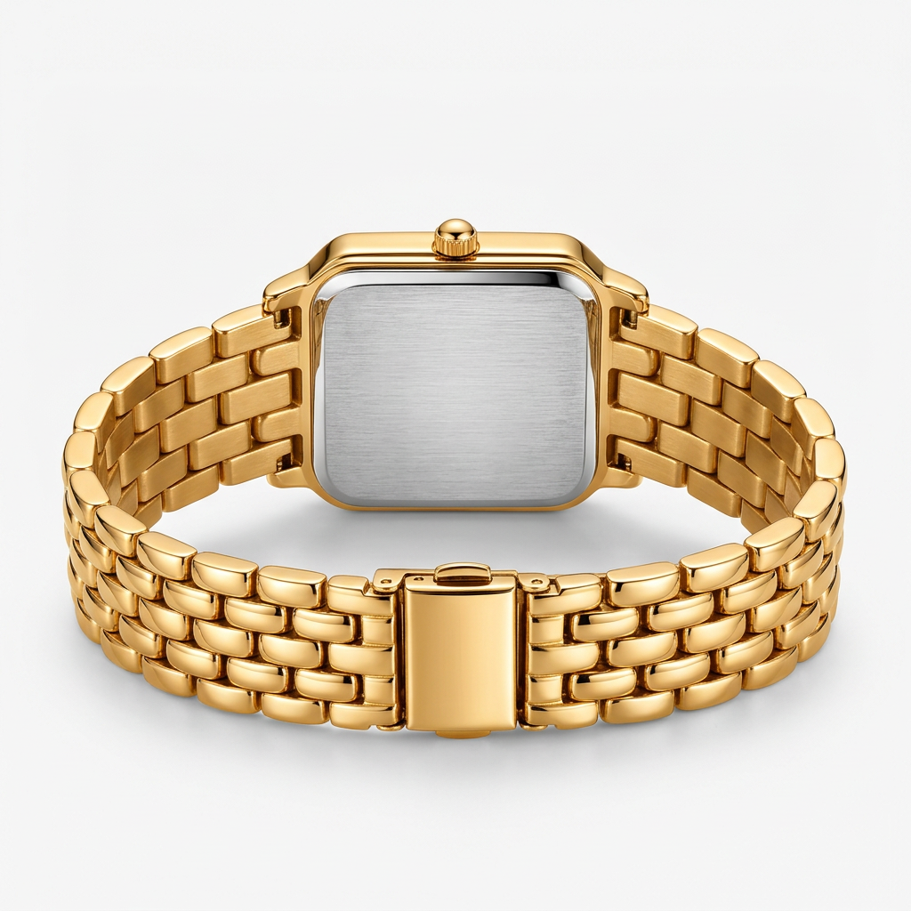 Women's gold-tone square watch with green sunburst dial - back view