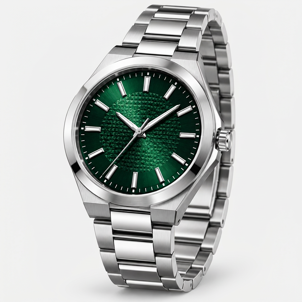 Women's emerald green dial stainless steel watch - front 45 degree three-quarter view