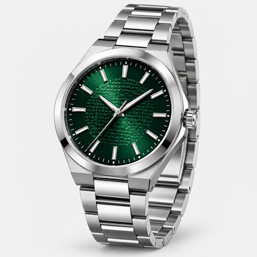 Women's emerald green dial stainless steel watch - front 45 degree three-quarter view