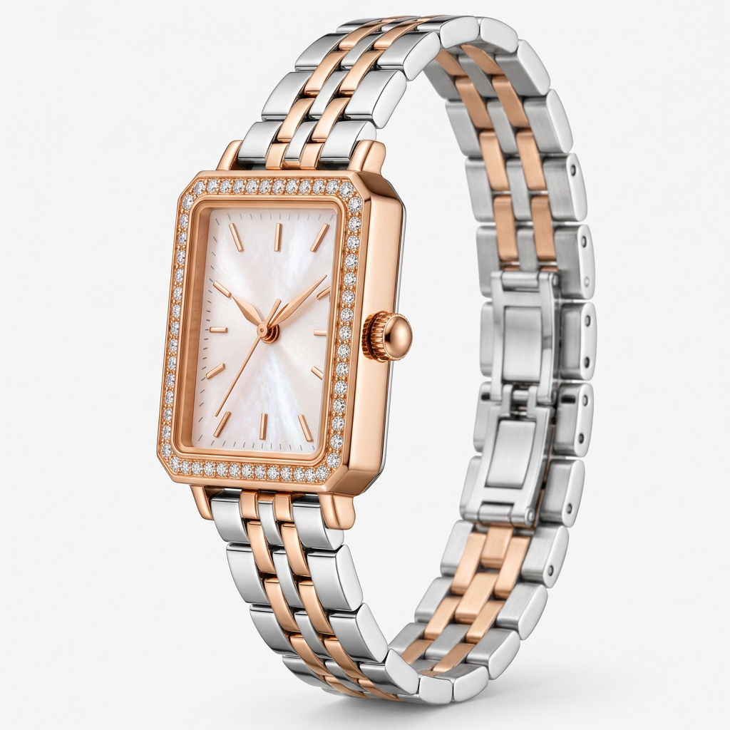 Two-Tone Diamond-Set Rose Gold Women's Watch - Side 45 Degree View