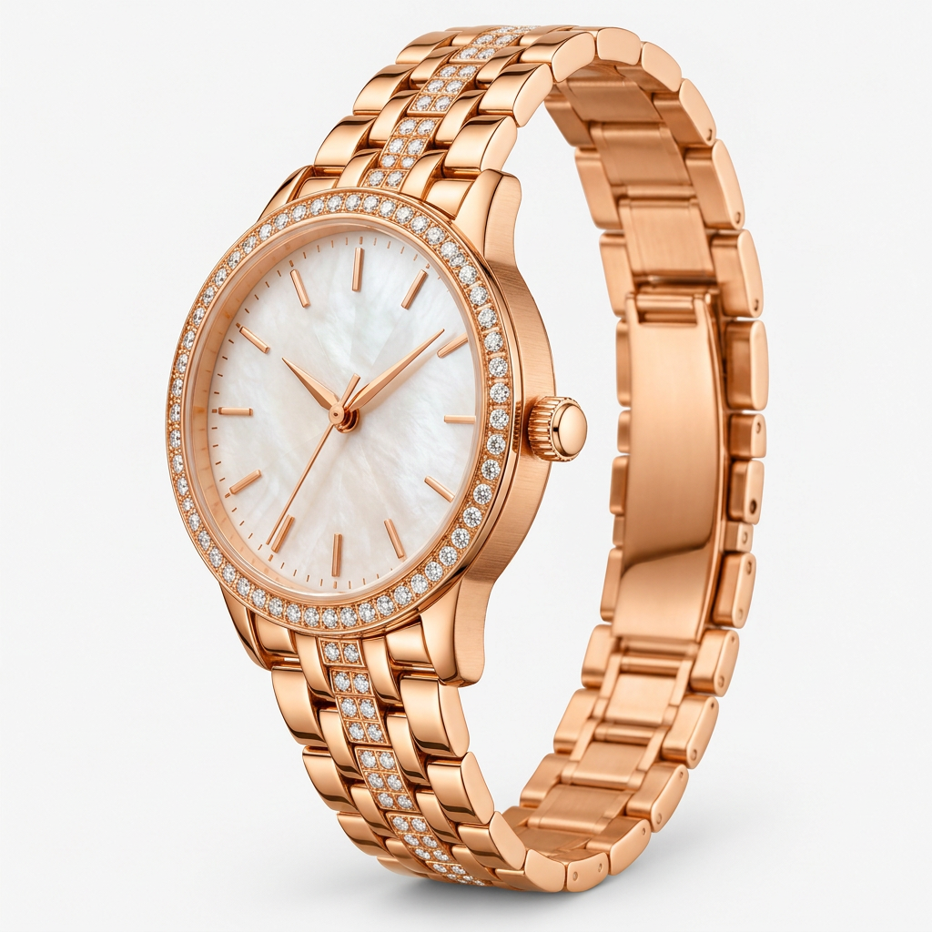 Women's Rose Gold Crystal-Set Watch – Side 45° View