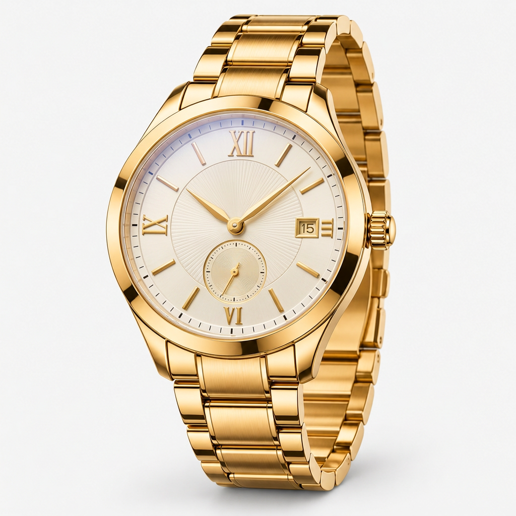 Women's gold-tone wristwatch with ivory dial, front 45-degree three-quarter view