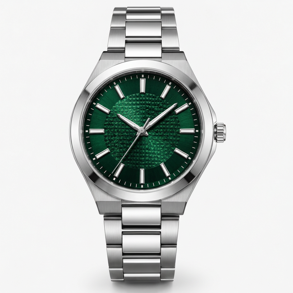 Women's emerald green dial stainless steel watch - straight front view