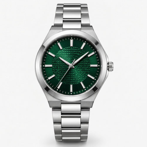 Women's emerald green dial stainless steel watch - straight front view