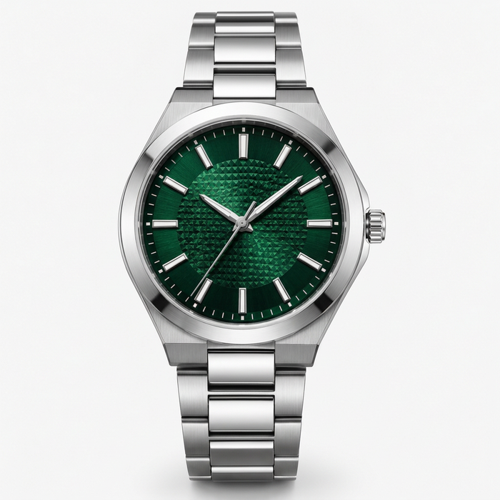 Women's emerald green dial stainless steel watch - straight front view